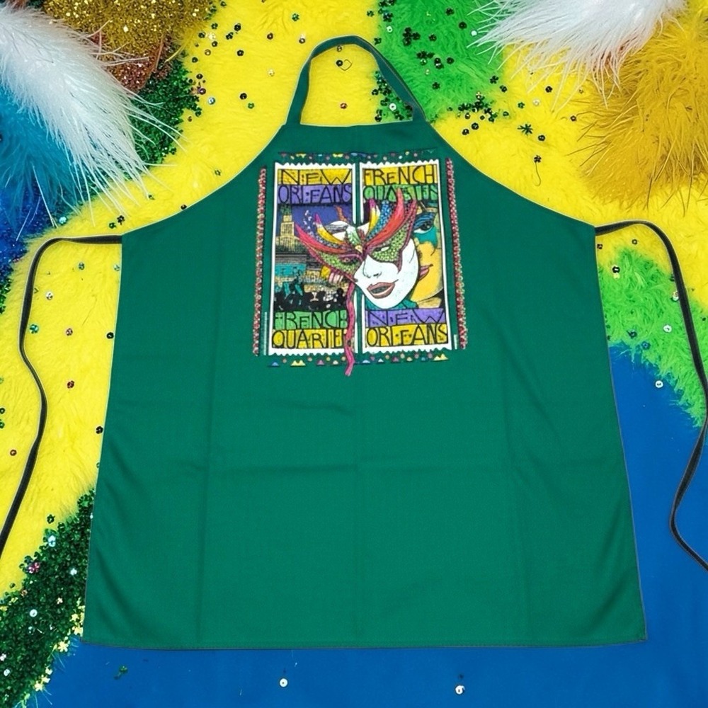 Vintage 1990 New Orleans French Quarter Mardi Gras Apron Mask Green Souvenir